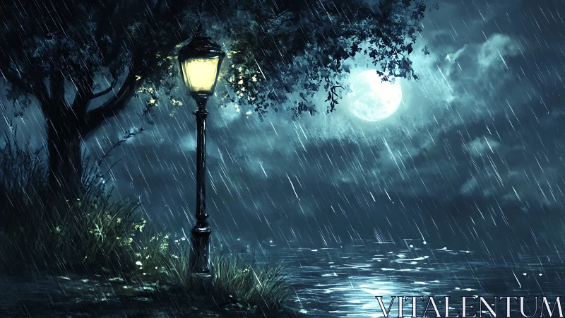 Moonlit rain falls beside a lone glowing lakeside lamp.