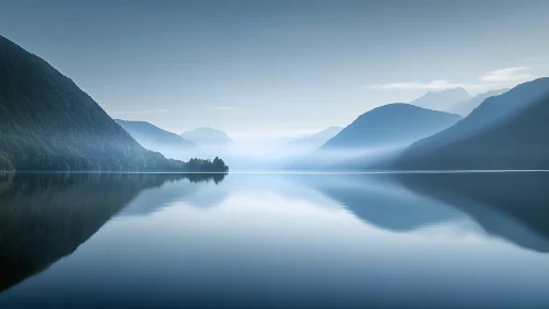 Serene alpine lake mirrors misty blue mountains in dawn light