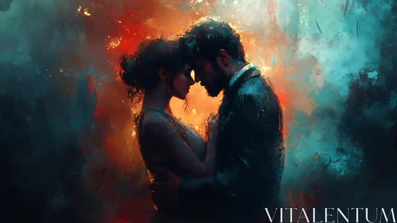 Two souls ignite where fire and twilight converge in tender collision