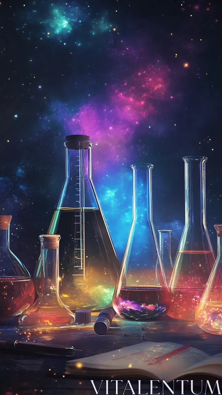 Laboratory glassware refracts nebula light in spectral color layers