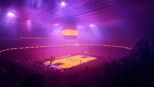 Vibrant basketball arena glows under dramatic pink lights