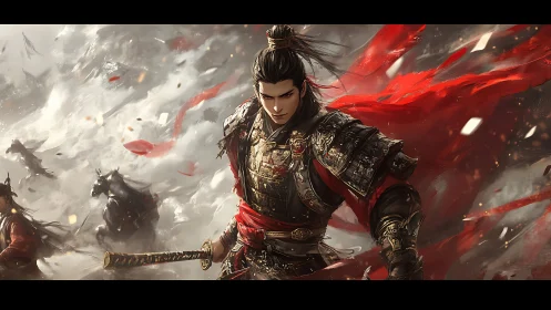 Storm-lit warrior prince strides through swirling red banners.