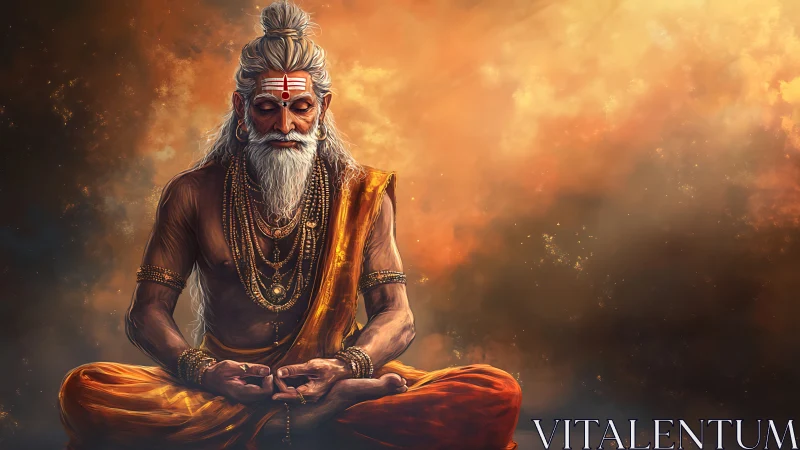 Golden-robed sage sits in deep meditation within glowing light