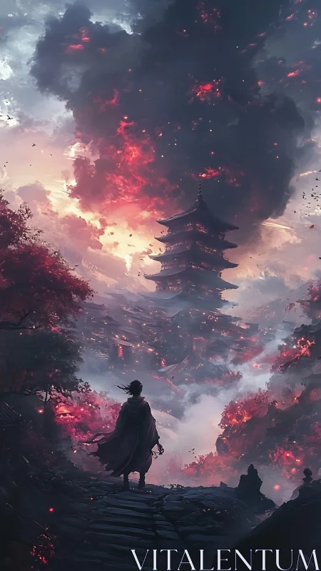 Lone wanderer faces burning pagoda beneath storm of embers.