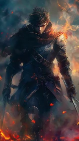Flaming rogue warrior advancing through swirling embers.