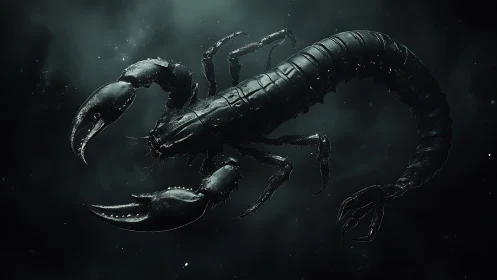 Bioluminescent black scorpion drifts through deep cosmic mist