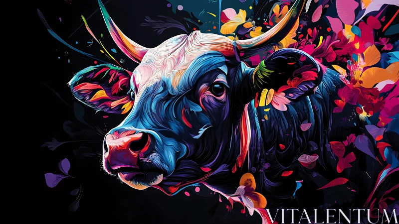 Chromatic vector bovine portrait with dynamic floral turbulence.