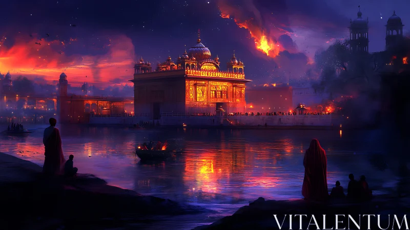 Golden temple glows over twilight lake under fiery sky.