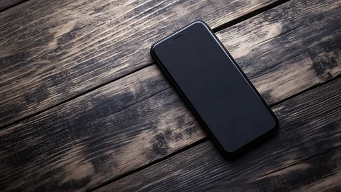 Smartphone on textured wooden surface casting shadows