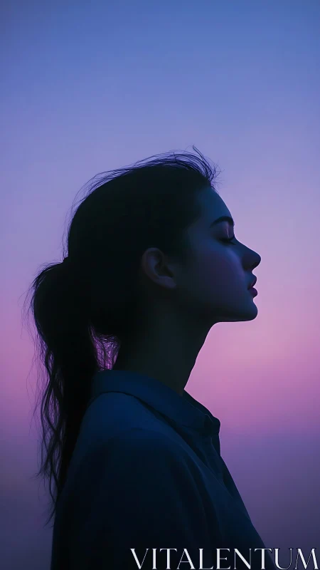 Profile silhouette of woman against gradient twilight sky