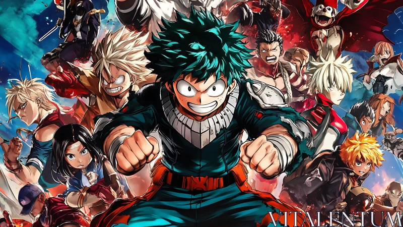 Heroic anime charge amid chaos, grit, and electric color storm.