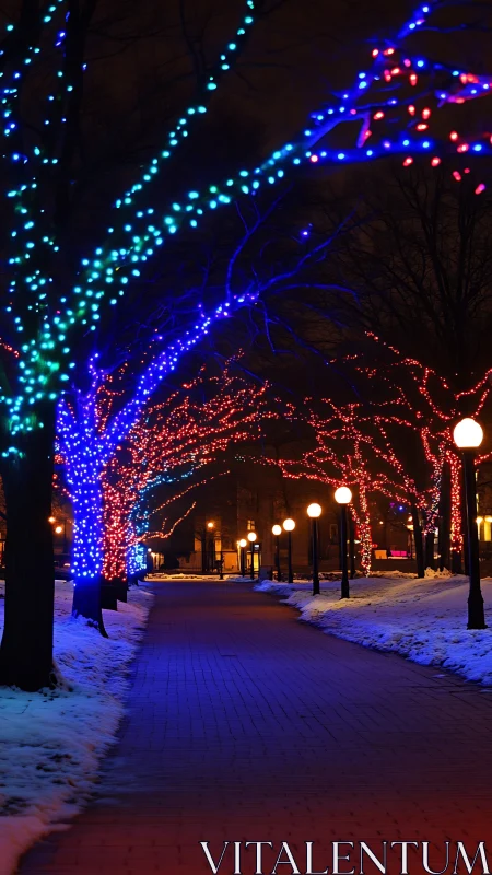 Colorful winter walkway glowing with festive tree lights.