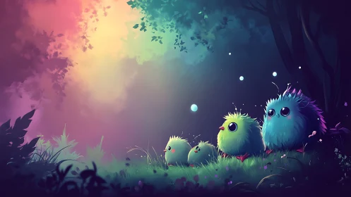 Adorable Cartoon Chicks in a Magical Forest, Soft Pastel Colors.