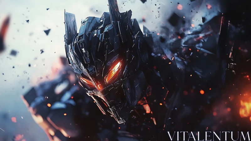 Dark armored robot head with glowing orange eyes in battle