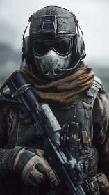Heavily armed tactical soldier in full combat gear.