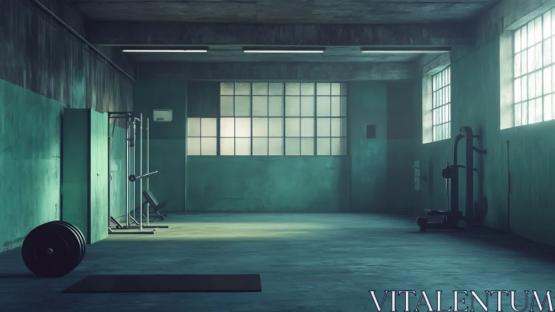 Industrial sunlight gym waits in moody teal-toned stillness.