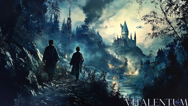 Nocturnal ascent toward fortified riverside fantasy citadel.