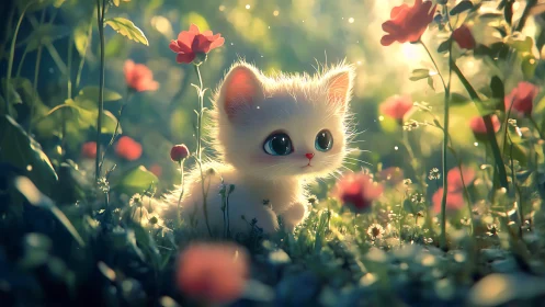 Tiny White Kitten in a Garden of Glowing Roses.