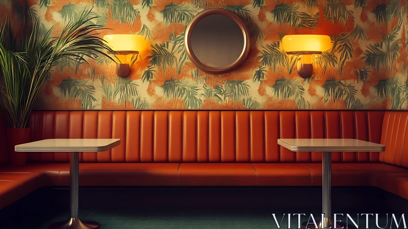 Retro diner booth with orange seating and palm wallpaper