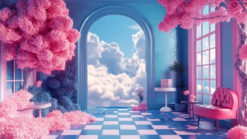 Surreal pink sky lounge opens into luminous cloud gateway