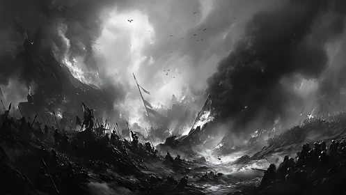 Stormlit battlefield of shadows beneath a fractured sky.