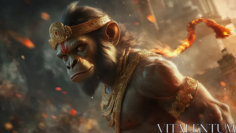 Mythic warrior monkey in burning divine battlefield scene.