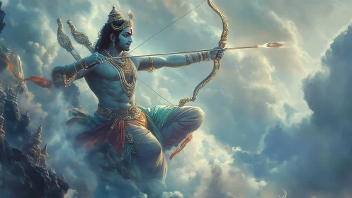 Divine sky archer poised in swirling celestial clouds.