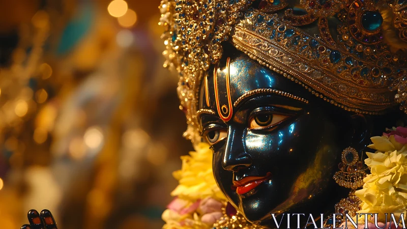 Gleaming Krishna idol rendered in rich bokeh-lit close-up