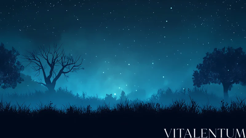 Moonlit forest silhouettes glow beneath a starry sky.