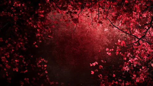 Crimson foliage frames dark textured void with vivid contrast