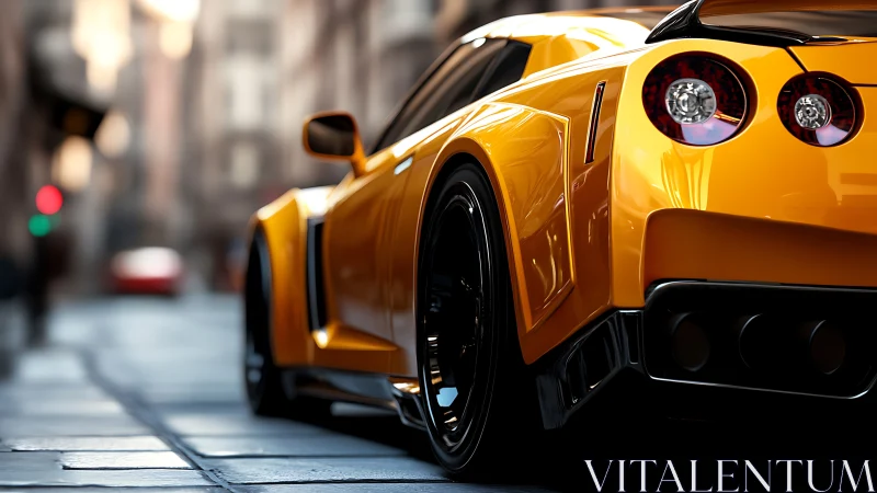 Photorealistic rear three-quarter of yellow sports coupe in city.