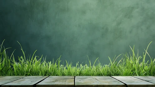 Weathered wooden deck borders lush green spring grass.