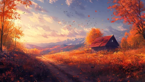 Autumn valley landscape with cabin under dramatic sunset sky.