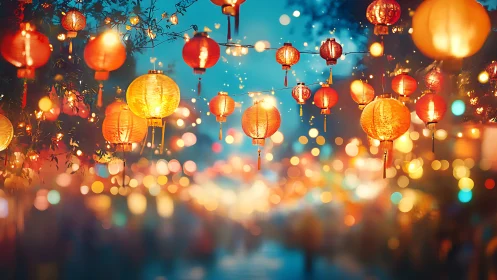 Lantern-lit festival street under twilight bokeh glow.