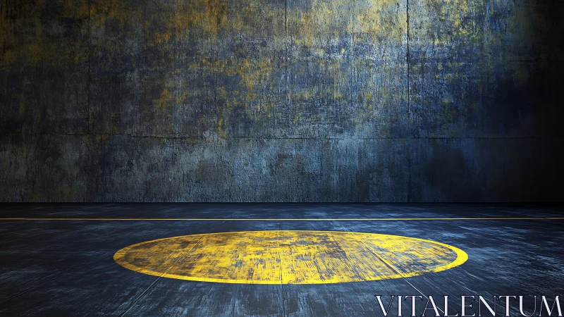 Industrial hangar floor with worn yellow landing circle.