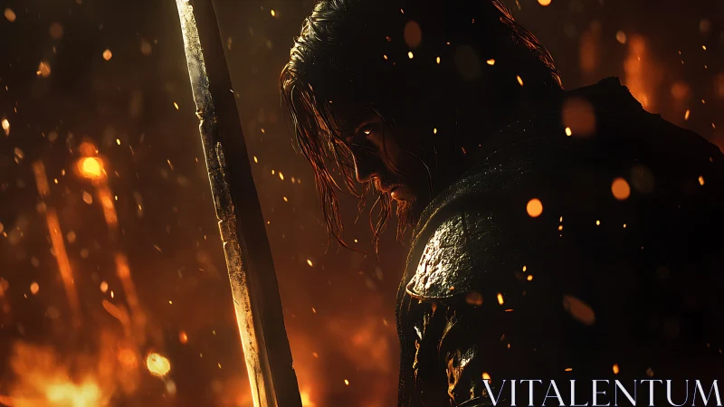 Warrior grips sword amid drifting embers in dark battlefield