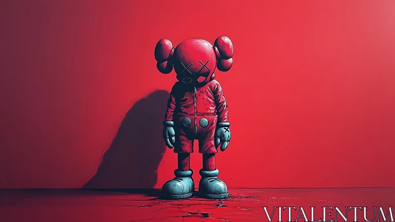 Red stylized figure stands against flat wall in center