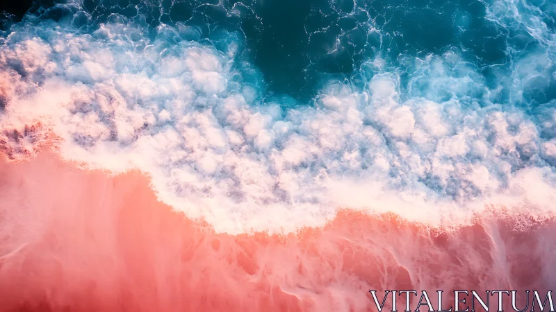 Aerial view of teal ocean surf over soft pink shore.