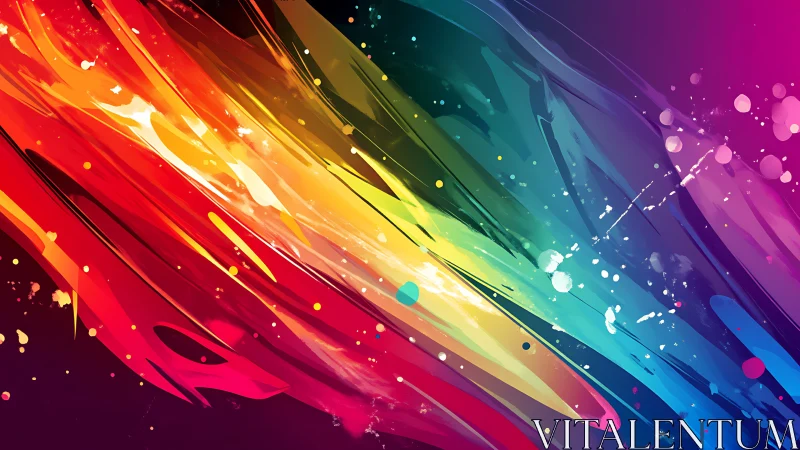 Rainbow paint streaks slice across deep cosmic gradient.