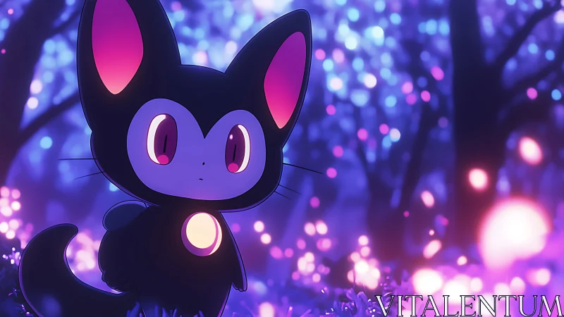 Cartoon black cat creature in glowing purple forest scene.