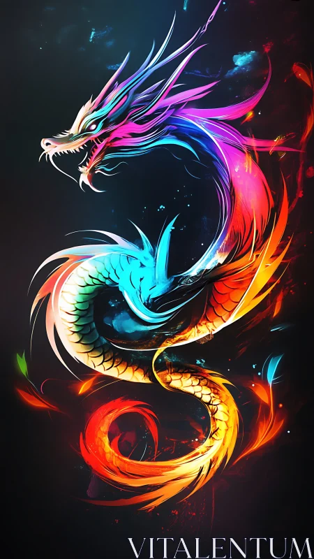 Radiant rainbow dragon swirling through glowing night skies.