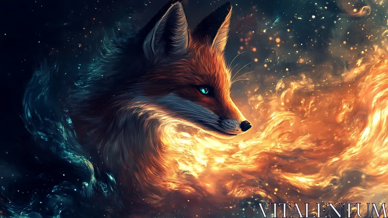 Starlit ember fox drifting through cosmic firestorm dream.
