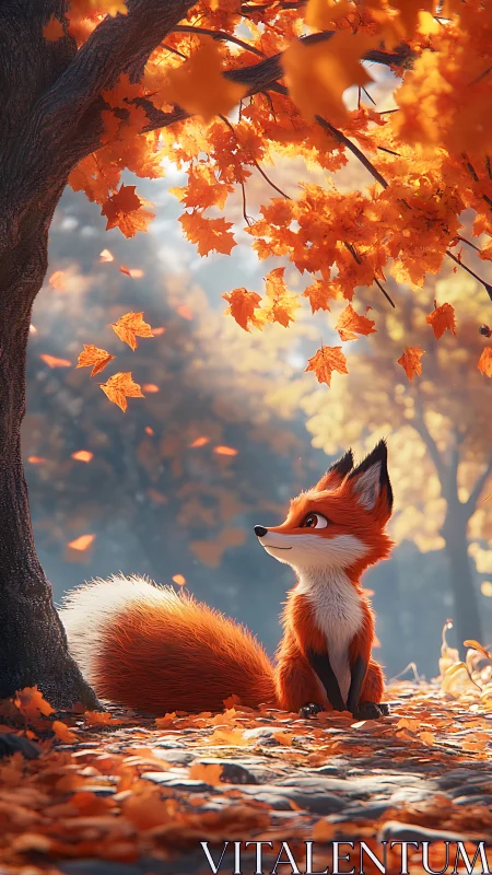 Gentle fox rests under glowing autumn leaves in quiet forest