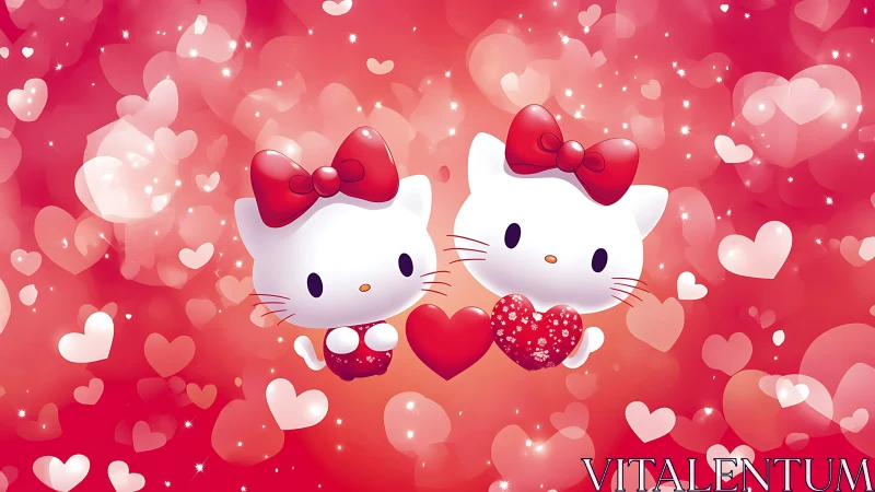 Crimson Whispers: Twin Felines in Love's Luminous Dance.