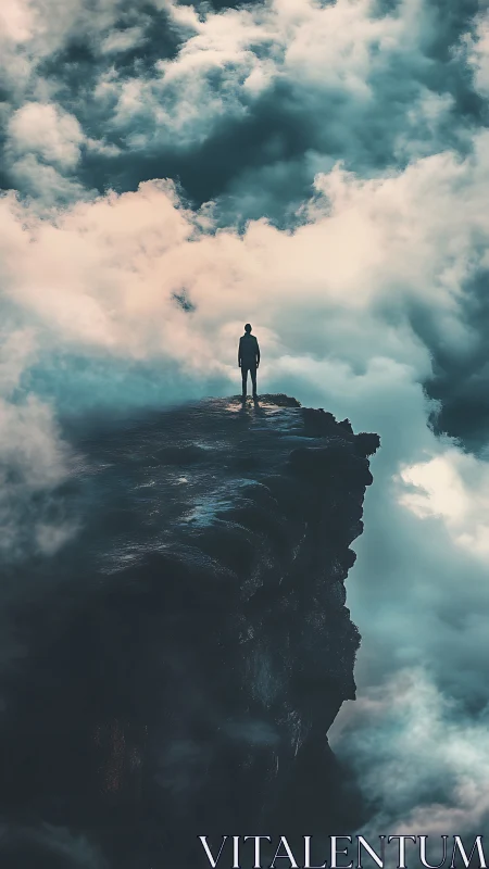 Solitary figure contemplates a stormy sky at cliff edge.