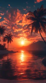 Tropical shoreline glowing under a dreamy molten sunset sky.