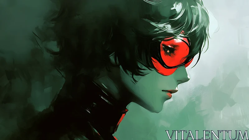 Cyberpunk profile portrait with red visor and painterly fog.