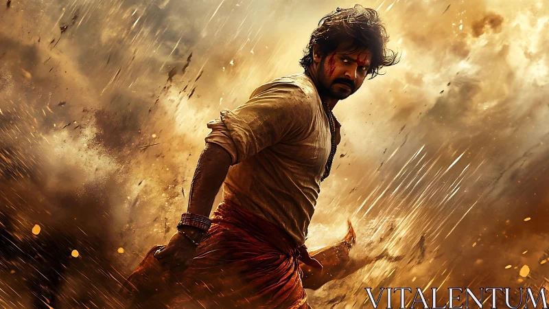 Warrior strides through swirling golden storm of sparks