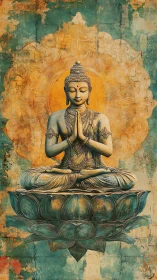 Buddha figure in lotus pose against textured mandala backdrop.