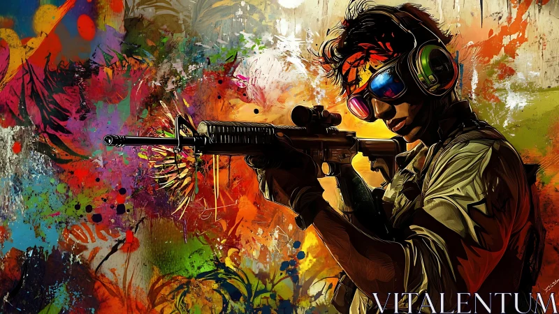 Color-splashed sniper aims forward in explosive street art